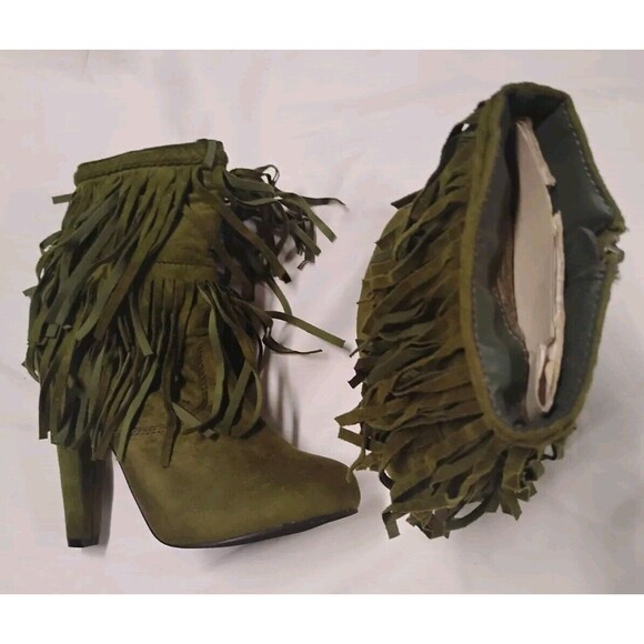 Green Suede Layerel Fringe Chunky Heels Boho Booties Shoes Boots Phoebe 11 Sz 6 - Picture 2 of 8
